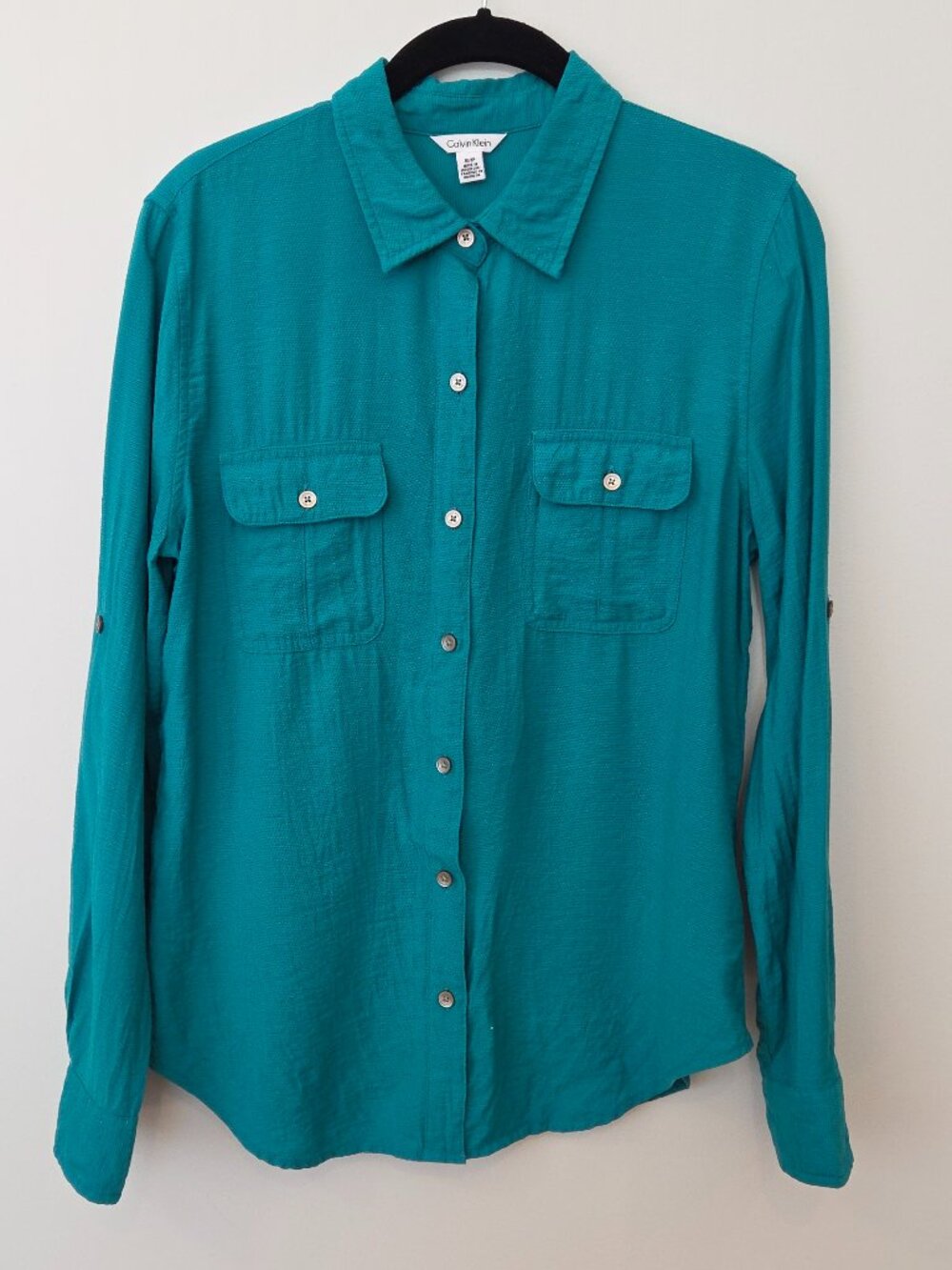 Calvin Klein Green Gauzy Blouse Small Roll Tab Sleeve Button Front